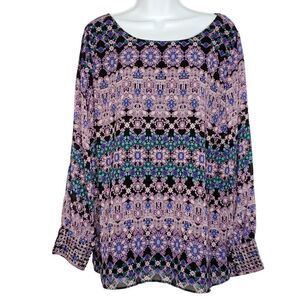 NEW Jennifer Lopez Cold Shoulder Blouse 1X Abstract Jewelry Print Black Purple